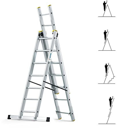 Echelle Transformable 3 Plans StablePro 3x7 marches Aluminium Extensible coulissante, 6 Positions, Hauteur Travail Max 5,00m, Garantie 5 Ans, Hostrom