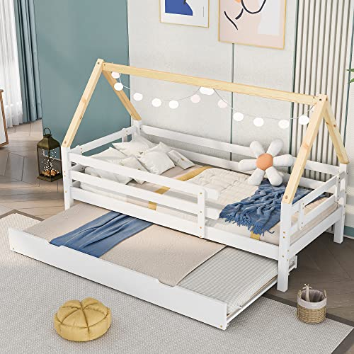 Azkoeesy Kinderbett mit Ausziehbett, Fallschutz Zaun, 90 x 200 cm, Hausbett, Doppelbett, für 2 Kinder, mit Lattenrost, weiß