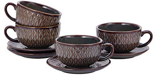 Coffeezone Set mit 4 professionellen Barista-Tassen und Untertassen, 340 ml, Vintage-Design, Keramik, Cappuccino, Latte-Art, 4 Stück