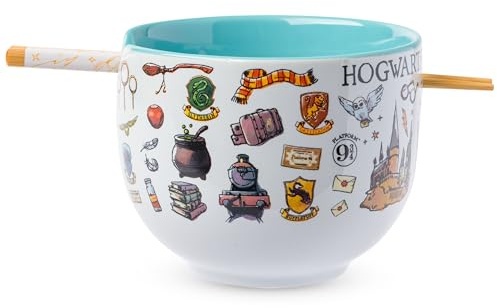 Silver Buffalo Harry Potter Icons Ceramic Ramen Noodle Rice Bowl with Chopsticks, Microwave Safe, 20 Ounces