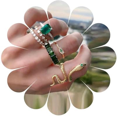 Cimenexe Punk Serpente Anelli Set - Smeraldo Cristallo Nocche Verde Cz Malocchio Quadrato Banda Dichiarazione Gioielli Per Donne E Ragazze 5 Pezzi
