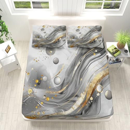 Marmorkunst Design Spannbettlaken 140x200cm Weiche Mikrofaser Boxspringbett Bettlaken, Weiß Grau Unterseite Spannbetttuch, Rund-um Elastischem Gummizug, für Matratzen von 5-30 cm
