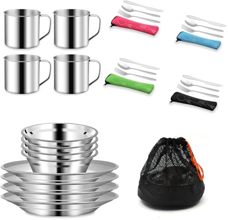 29 Pcs Stainless Steel Cutlery Set with Bowls, Plates, Cups, Forks, Spoons and Knives for 4 People. Travel Cutlery Set for Backpacking, Outdoor Camping, Hiking and Picnic