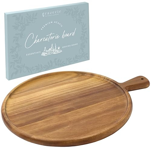 Grazerie Charcuterie Board - Round Acacia Wood Cutting Board for Kitchen with Handle, Cheese Board for Chopping Vegetables, Bread, Fruits, Meat - Decorative Wooden Serving Tray House Warming Gift