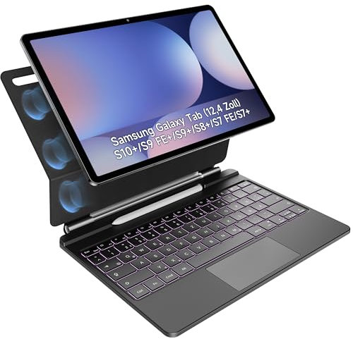 HOU Tastatur hülle für Samsung Galaxy Tab S10+/S9 FE+/S9+/S8+/S7 FE/S7+ (12,4 Zoll) mit Magnetständer, Multi-Touch-Trackpad, S Pen-Halter, 7 Farben 3 Stufen hinterleuchtet-QWERTZ-Deutsch,Schwarz