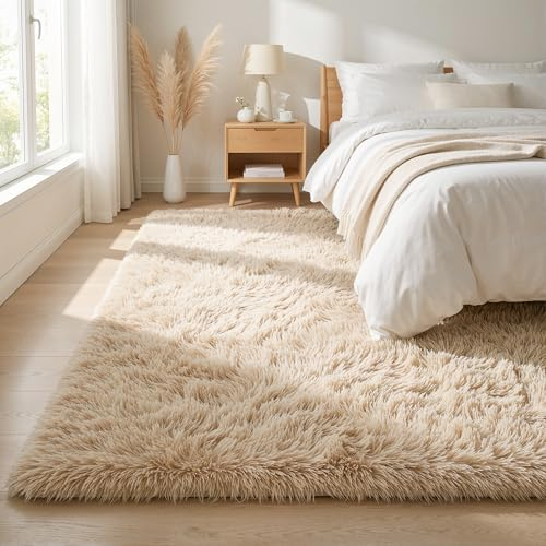 BEIMO Tappeto a pelo lungo, morbido, beige, per soggiorno e camera da letto, 140 x 200 cm, antiscivolo, per la cameretta dei bambini