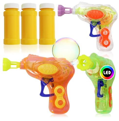 com-four® 3X Mini Seifenblasenpistole mit Seifenblasenwasser für Kinder - Bunte Bubble Shooter mit Seifenblasenlösung und Leuchteffekt - Seifenblasen Pistole für Party, Sommer (3 Stück - Lichteffekt)