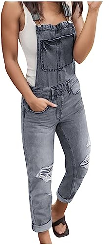 2025 - Mono de mezclilla lavado casual con mamelucos baberos trajes saltando jeans rasgados para mujer pantalones vaqueros para mujer con agujeros, gris, M