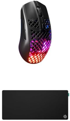 SteelSeries Aerox 3 Wireless Onyx - Holey RGB Gaming Mouse - Ultralight Water Resistant Design - 18K DPI TrueMove Air Optical Sensor QcK XL Performance Balance Gaming Mousepad 900x400mm