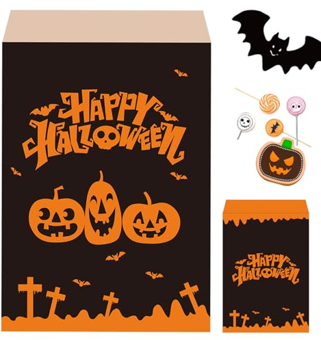 MOMAHUA 100 Pezzi Sacchetti Regalo Halloween,Bustine di Carta 13x18cm Nero e Arancione con Motivo Zucca, per Dolci, Popcorn, Snack, Biscotti - Sacchetti di Carta Kraft per Feste