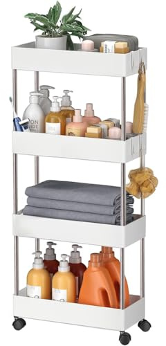 ruitao Slim Storage Trolley on Wheels Kitchen Trolleys Metal 4-Tier Trolley for Book Beauty Craft Trolleys Rolling Utility Storage Cart for Room Bathroom Office, Plastic & Stainless Steel