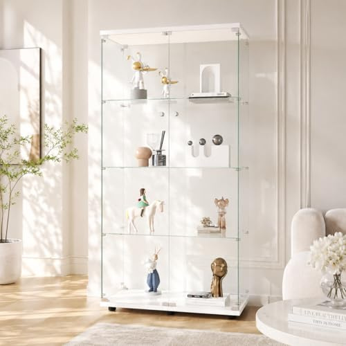 Vetrinetta in Vetro,Vetrinetta Espositiva LED,Vetrina Soggiorno Moderna con 4 Ripiani in Vetro con 2Porta e Serratura,Vetrine per Collezionismo,Vetrina negozio (Bianco+Nessun LED, 164x80.5×36.5cm)