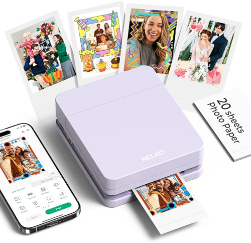 Nelko Fotodrucker PP01 Farbe Tragbarer Mini Fotodrucker für Smartphone mit 20 Fotopapier, Tintenstrahl Aufkleber Drucker, Sticky Back Fotos für iOS & Android, Smart AI APP, Lila