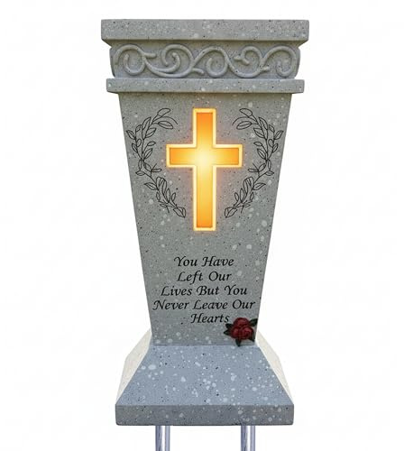 Solar Cemetery Vase with Lighted Cross & 2 Metal Spikes - Heavy Duty Resin Grave Decorations for Cemetery - Windproof Memorial Flower Holder with Glowing Cross - Waterproof Tombstone Decor for Graves