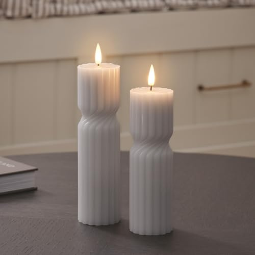 Lights4fun TruGlow - Juego de 2 velas de cera natural retorcidas grises, con mando a distancia y temporizador de 6 horas, funciona con pilas, decoración de primavera para mesa y salón, altura 17,50 cm