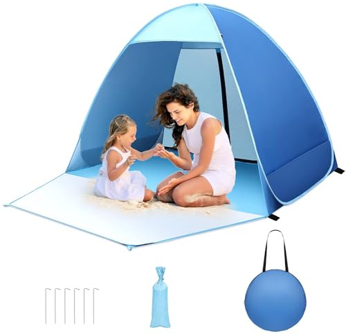 Pop up Strandmuschel, 2-3 Personen Familie Zelt UV Schutz UPF 50+ Strandzelt Wurfzelt mit Reißverschluss Hintertür, Vordertür mit Schnallen Kleines Packmaß für Sonnenschutz Strand, Garten Blau