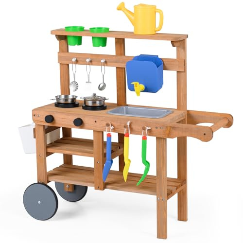HOMASIS Cuisine Enfant en Boue avec 2 roulettes, Jeu de Cuisine en Bois avec Pots à Fleurs, Réservoir d'eau, Évier, Ustensiles, Outils de Jardin Rangement, Kitchenette Extérieure pour 3+ Ans