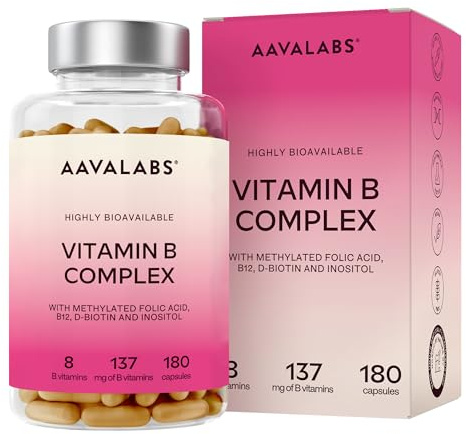 Vitamina B Complex -8 Vitaminas B: D-Biotina, Vitamina B1, B2, Vitamina B3, B5, Vitamina B6, B9 y Vitamina B12-180 Cápsulas para 6 Meses -197 mg/Cápsula-Complejo Vitamina B Refuerza el Metabolismo