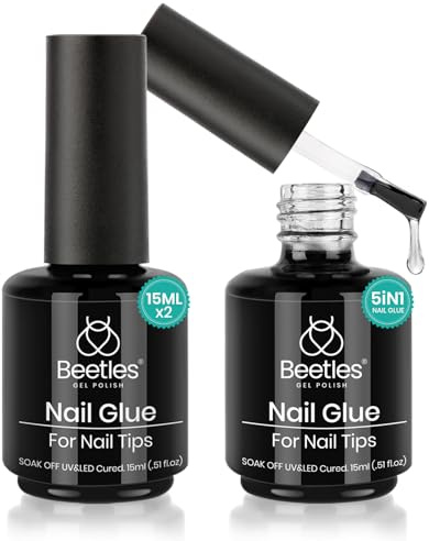 beetles Gel Polish 5 In 1 Nail Glue Kit for Acrylic Nails,2 Pcs 15ml Super Strong Brush in Nail Gel Glue for False Nails Tips and Gel Nail Polish Led Lamp Required Nail Art Gift