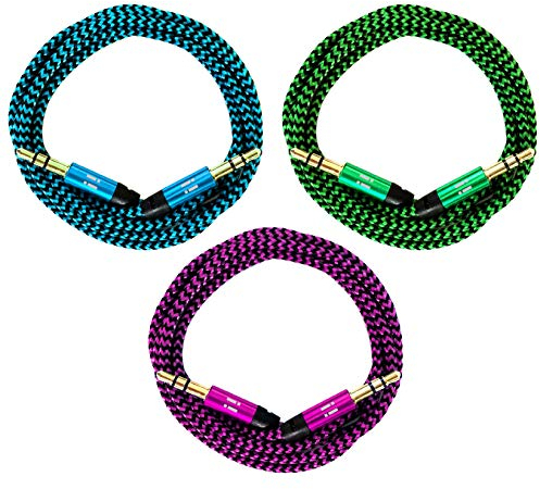 i! - 3X 1m Premium Nylon AUX Audiokabel Klinke 3,5 auf Klinke 3,5 mit Metallsteckern - blau + grün + pink