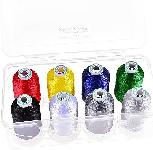 New brothread - 15 Opciones - 8 Carrete a presión de 1000m cada Poliéster Máquina Bordado Hilo con caja de almacenamiento de plástico para bordar y acolchar - Basic Colour