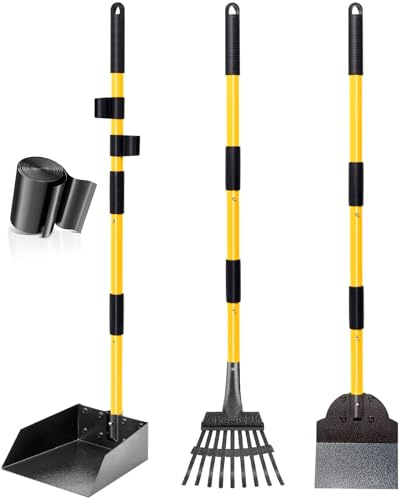 Dog Pooper Scooper Tray, Rake & Shovel Kit, Heavy Duty Dog Poop Scooper with Adjustable Metal Long Handle, Portable Large Dog Poop Picker Upper with 10 Waste Bag for Yard, Walks, Grass & Garden Leaves