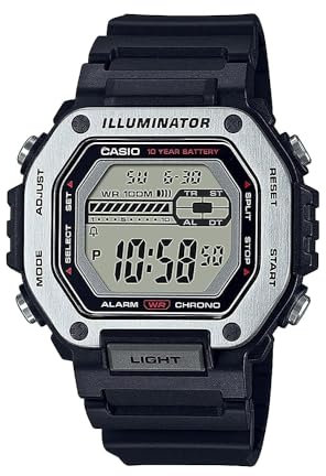 Casio LED Illuminator Dual-Time 1/100-Second Stopwatch w/ 5 Multi-Function Alarms MWD-110H-1AV, Black, Modern