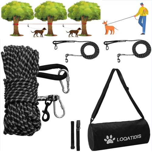 LOQATIDIS 3 en 1 Cable de Amarre para Perros, 15m 30m Sistema portátil de la Carretilla de Arriba, Correa Reflectante para Perros para el Patio Parques Entrenamiento Correr, Bolsa de Hombro