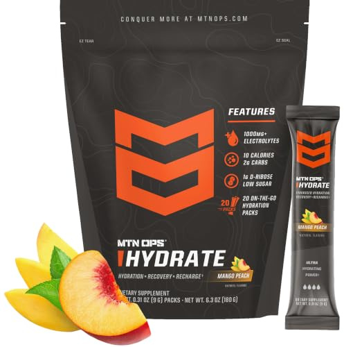 MTN OPS Hydrate Elektrolytpulver Drinkblandning, 20 enskilda portioner för resande Elektrolytpaket med över 1000 mg elektrolyter per portion, Mango Peach