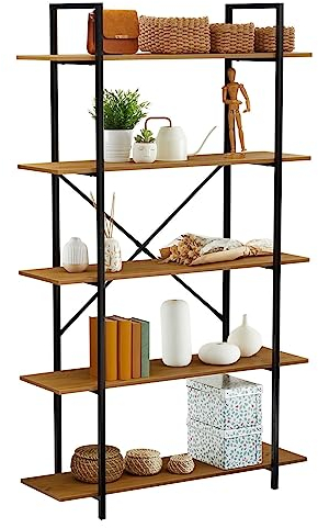 CARO-Möbel Bücherregal MEDA aus Metall und MDF/Spanplatte Wildeicheoptik im Industrial Stil, Wohnzimmerregal mit 5 Regalböden im minimalistischen Vintage Design