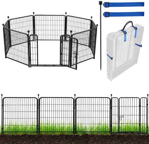 ADAVIN Tall Garden Fence with Gate, 40 in(H) 8 Panels Animal Barrier Fence, Heavy Duty Iron Metal Fence and Border, Indoor or Outdoor Dog Playpen, Flower Bed Fencing, Total 17.7 FT(L),Black