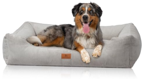 Knuffelwuff Hundebett aus Cord mit Handwebcharakter Olivia M-L 85 x 63cm Hellgrau - Abnehmbarer Bezug - waschbar - für große, mittelgroße und kleine Hunde