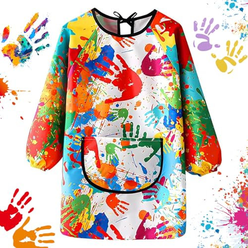 Wanheart Malschürze Kinder Bunte, Wasserdicht Malkittel, Einstellbar Bastelschürze, Lange Ärmel mit Taschen für 6-12 Jahre Mädchen Junge, für Schule Kunst Malerei