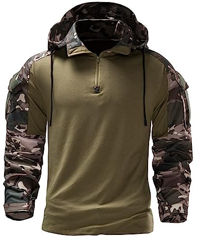 Foweknow Hoodie Men's Camouflage Pullover Tactical Long Sleeve Combat Hooded Jacket Paintball Airsoft Army Military Uniform Fashionable Simplicity Versatile Functional Shirt, Green, L