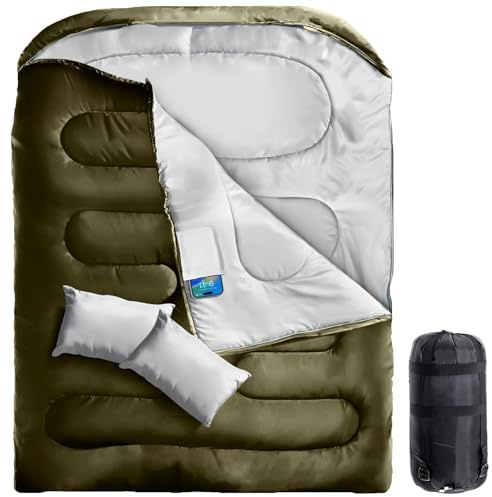 Double Sleeping Bag King Size Adult Two Person Camping Sleeping Bag Suitable for 4 Seasons Complete with Pillow & Internal Pocket for Hiking Indoor or Outdoor Adventures Cotton Green