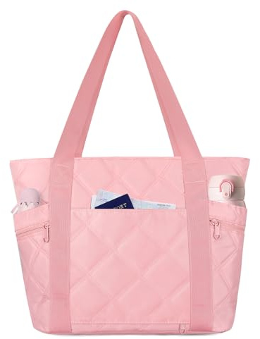 Outplea 15L Bolso Bandolera Acolchado Mujer, Bolso 15.6 Ordenador Portatil Multibolsillo, Bolsos Shopper Ligero, Bolsos Tote Pequeña para Universidad Trabajo, Rosa
