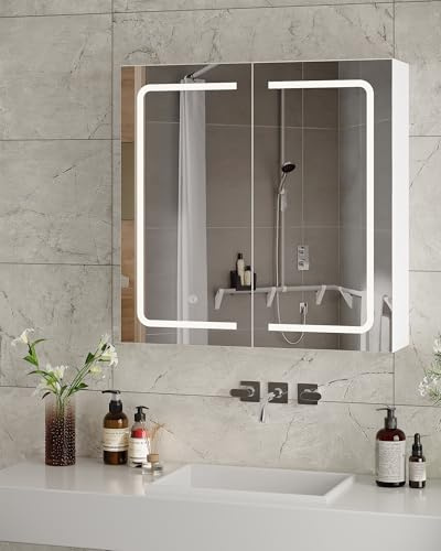 Mirror Cabinet Bathroom with LED Lights, 2 Doors, Bathroom Mirror Cabinet with Adjustable Shelves, 3 Colour Temperature Dimmable, Wall Mounted Cabinet, Touch Sensor Switch, 65X65X17 cm, White