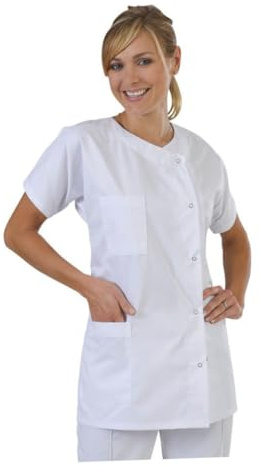 VALICLUD Blouse Médicale Blanche Manches Courtes en Coton et Fibres Acryliques, Respirante et Couvrante, pour Médecin et Infirmière en Milieu de Travail