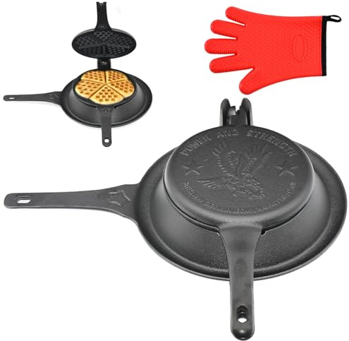 Cast Iron Waffle Maker Stove Top, American Waffle Maker Pre-Seasoned, Round waffle maker, PFOA free, 5-in-1 Shape Designs, Non-Coated Surface, Waffle iron for Camping Grill or Stove Top.