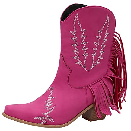 Botas de vaquero occidentales con flecos para mujer, color liso, antideslizantes, para exteriores, con tacón grueso, Rosa., 40 EU