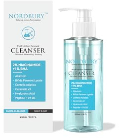 Nordbury Multi-Action Renewal Cleanser – Face Wash with Niacinamide Bifida Ferment Salicylic Acid CICA HA Cer-3 Facial Cleanser for Pore Refining Balanced Hydration and Smooth Skin Texture - 250ml