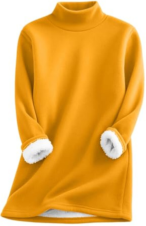 Generisch Paris Maglione con collo alto, maglietta termica da donna, foderata, maglione casual in pile con scollo rotondo, a maniche lunghe, maxi cardigan da donna, giallo., L