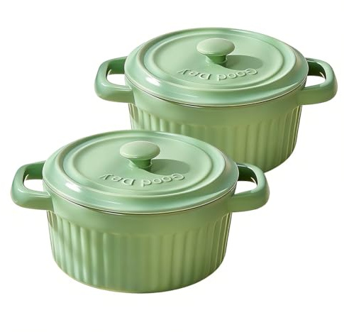 Mini Cocotte con tapa, fuente de cerámica con asas y tapa, moldes redondos con tapa para lasaña, soufflé, crema brûlée, postre, para microondas y horno (verde, S-250 ml-2 unidades)