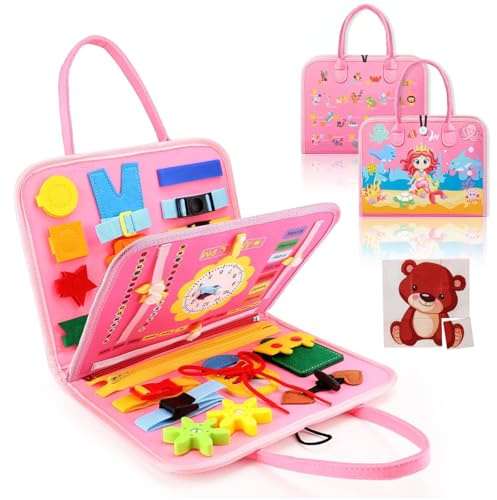 Busy Board for Toddlers, Busy Book Montessori Toys for 1 2 3 4 5 Year Old Boys Girls, Birthday Present Educational Preschool Sensory Board Toys for Fine Motor Skills Learning (pink)