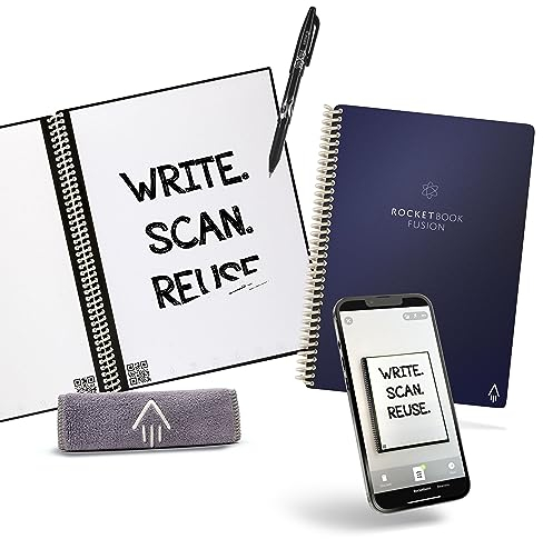 Rocketbook Fusion Smart Wiederverwendbares Notizbuch, Kalender, To-Do-Listen und Notizvorlagenseiten mit 1 Pilot FriXion-Stift und 1 Mikrofasertuch, Executive-Größe, Mitternachtsblau