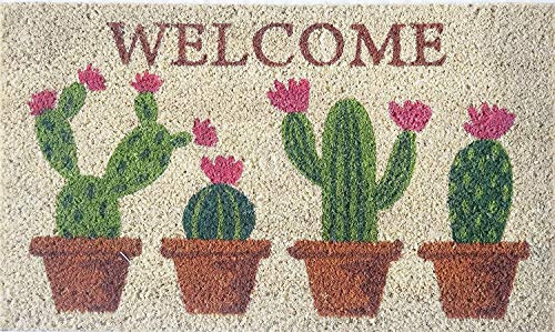 Baroni Zerbino da Esterno in Fibra di Cocco con Base in PVC Antiscivolo, Tappeto da Esterno Dipinto a Mano Facile da Pulire e Ultraresistente, Zerbino Ingresso 70x40x2 cm, Cactus in Fiore