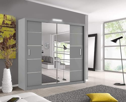 OSLO Modern Mirror sliding door wardrobe with LED Light Width 150cm/180cm/203cm (Grey, 203cm)