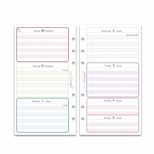 SinnWunder® Kalendereinlage 2025 Größe Personal – 1 Woche auf 2 Seiten – Für 6-Ringplaner - LuckySinn