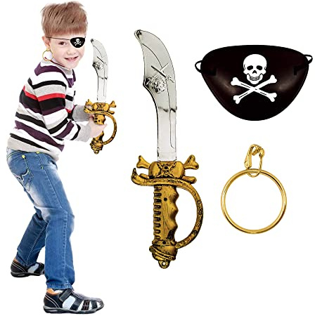 D.A.Y. Republic 3pc Kids Pirate Fancy Dress Costume Accessory Kit- for Halloween or Themed Party, Caribbean Pretend Role Play Set, Pirate Sword, Eyepatch and Earring