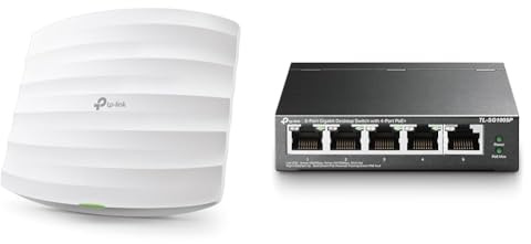 TP-Link EAP245 Point d'accès Wi-FI Double Bande AC1750 Gigabit - Plafonnier (450Mbps en 2.4GHz + 1300Mbps en 5GHz), Blanc & Switch PoE (TL-SG1005P V2) 5 Ports Gigabit, 4 Ports PoE+, 65W